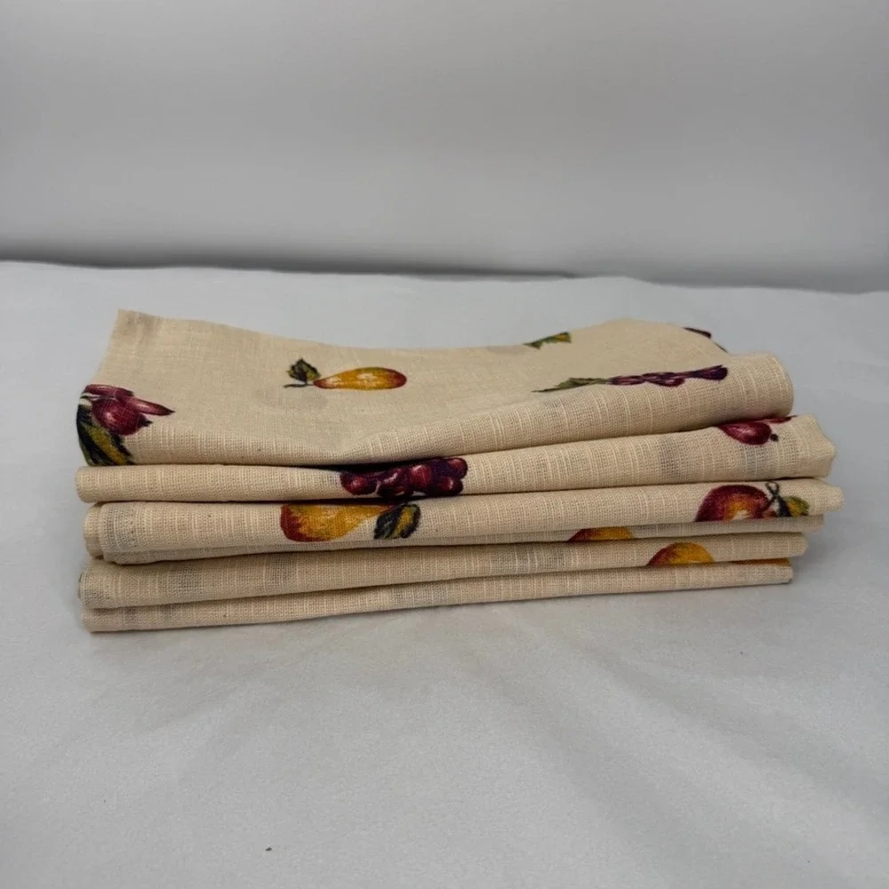 Avon Cloth Napkins Home Style Lab 6pc NEW Table Linens Fruit Print Scroll Edge